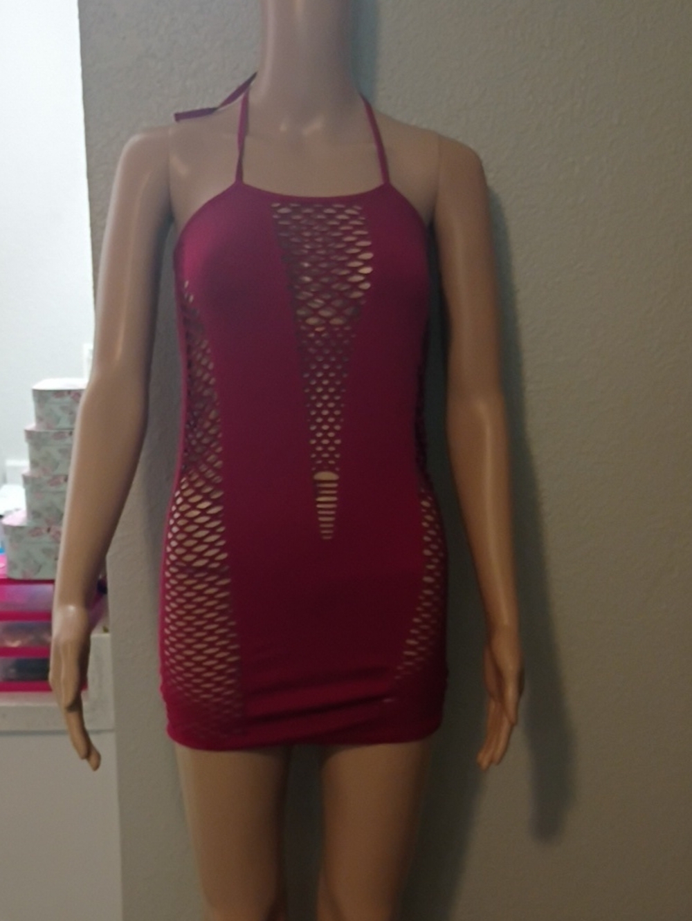 Women’s Fuchsia Halter Fishnet Panel Mini Dress